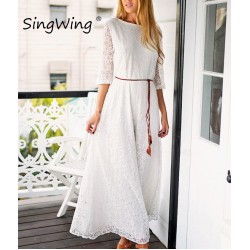 Singwing Women Lace Long style Dresses Hollow Out Casual Dress Summer Leisure Slim Dress with Belt