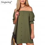 Singwing Women Slash neck Dresses  Sexy Short  Puff Sleeve dress Solid Color Summer women Casual Dresses