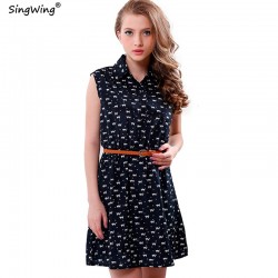 Singwing Women summer Dresses Cat Footprints Pattern Show Thin Lady Chiffon Dresses Cat Footprints Dress With Belt High Quality