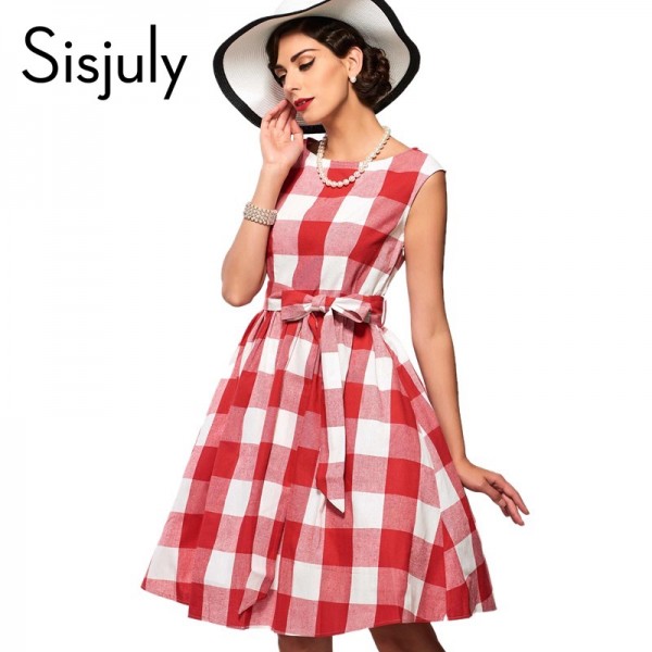 Sisjuly Plaid Vintage Dress 2017 spring Summer party Dress blue and pink v neck Women Dress Plaid female vintage Dress