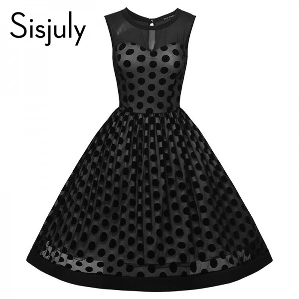 Sisjuly Vintage dresses Dot Summer Elegant Sleeveless party Dresses Black Color Polka Dots sleeveless o-neck 1950s vintage Dress