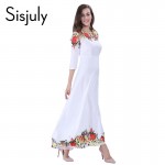 Sisjuly Women Maxi Dresses Elegant Round neck 3/4  Sleeve Casual White Floral Print Long Evening Party  Dresses 2017
