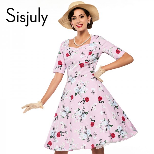 Sisjuly floral rose print vintage dress blue party dresses style 1950s rockabilly dress vestido de festa pink vintage dresses