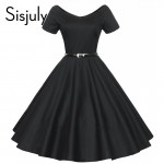 Sisjuly vintage autumn dress a line solid women party dress with sashes and short sleeve retro 1950s rockabilly vintage dresses