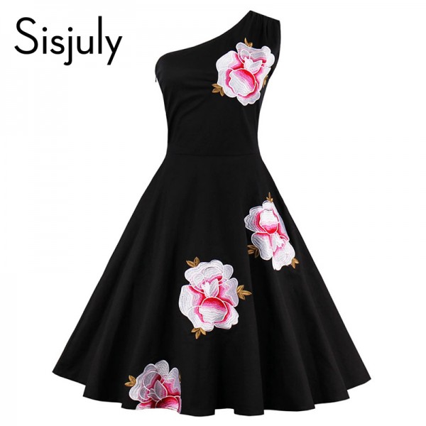 Sisjuly vintage dress black one shoulder floral embroidery dress 1950s style 2017 summer dresses elegant vintage women dresses