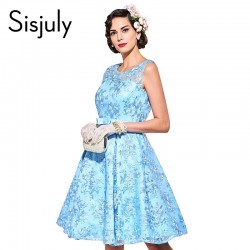 Sisjuly vintage dress blue solid 1950s style a-line women party dresses  lace bow  o-neck  elegant summer female vintage dress