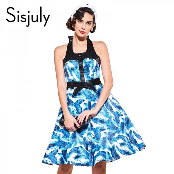 Sisjuly vintage dresses 1950s style blue halter sleeveless spring women party dress 2017 rockabilly elegant female vintage dress