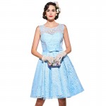 Sisjuly vintage dresses blue lace solid women party dress 1950s style bow a-lime o-neck dresses elegant female vintage dresses