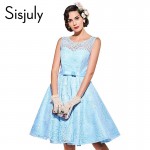 Sisjuly vintage dresses blue lace solid women party dress 1950s style bow a-lime o-neck dresses elegant female vintage dresses