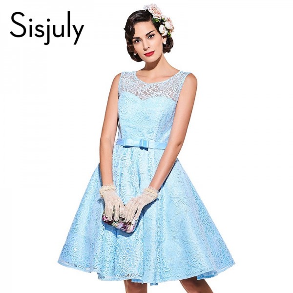 Sisjuly vintage dresses blue lace solid women party dress 1950s style bow a-lime o-neck dresses elegant female vintage dresses