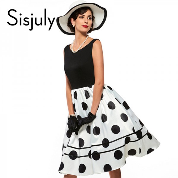 Sisjuly vintage dresses parthwork Elegant Sleeveless A-Line Knee Length Dress Color Block Polka Dots Plaid Women Vintage Dress