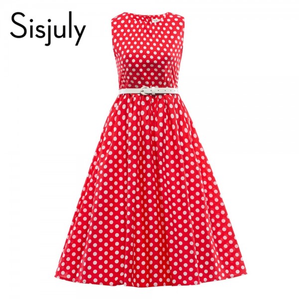 Sisjuly vintage summer women dresses with dot party dresses with leather sashes sleeveless women cute o-neck vintage dresses