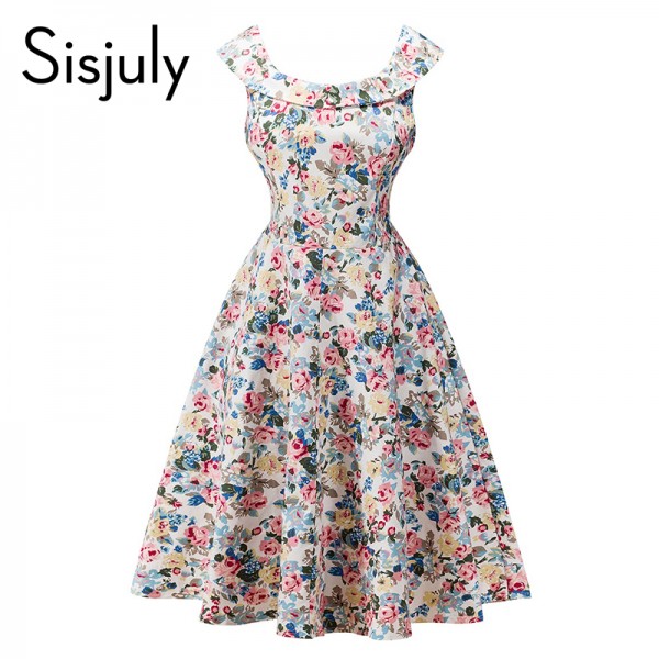 Sisjuly vintage women dress party style summer sexy flower print sleeveless women pretty vestido de festa women vintage dresses