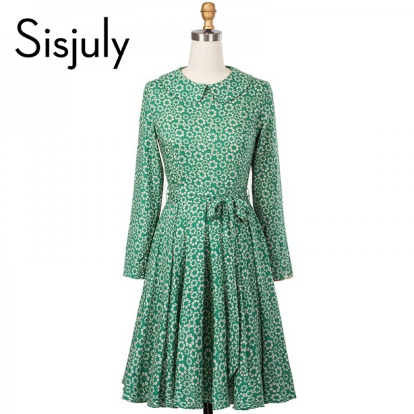 Sisjuly women casual dress 2017 spring floral print long sleeves a-line pleated green party dress autumn elegant casual dress 