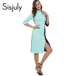 Sisjuly women dress fashion black and green autumn winter slim party dress button split women dresses patchwork 2017 new arrival