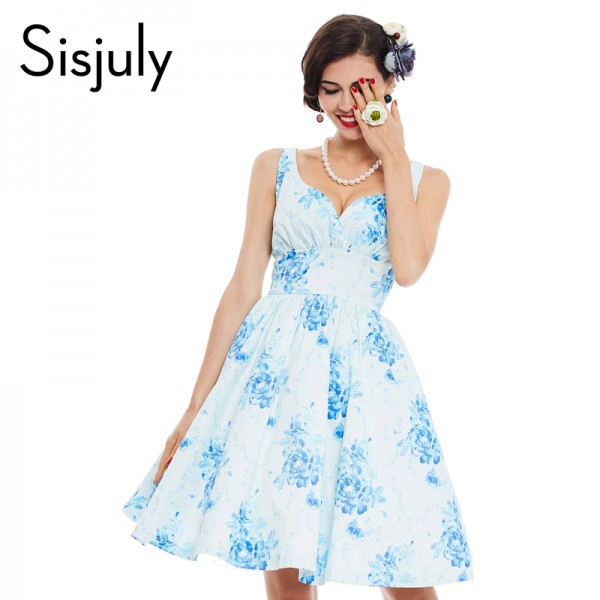 Sisjuly women vintage dress pin up a line floral print deep v-neck rockabilly sexy dress summer female vintage 2017 girl dresses