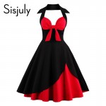 Sisjuly women vintage summer dress 1950s patchwork sleeveless elegant party dress with bow spaghetti strap women vintage dresses