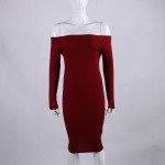 Slash Neck Off Shoulder Long Sleeve Knitted Cotton Sexy Dress Women Winter Warm Elastic Midi Club Bodycon Dress 