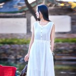 Sleeveless O-neck Solid White Linen Women Dress Mori girl Casual Midi Long Summer Dresses Linen Design Brand New Vestidos B094