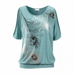 Slit Sleeve Cold Shoulder Feather Print Women Casual Summer T Shirt Girl 2017 Tee Tshirt Loose Top T-Shirt plus size S-5XL
