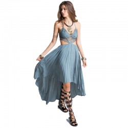 Smoves Woman Deep V Neck Floral  Lace Bodice Cut Out High Low Maxi Long Dress 2017 New Beach Poplin Bohemian Dresses GD302