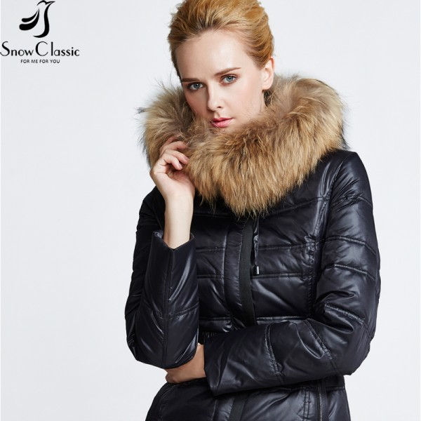 Snow Classic New Women's Winter Jacket 2016 Real Raccoon Fur Collar Jacket And Coats Fur Lined Hooded Down Coat 12074