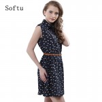 Softu Hot Sale Women's Fashion Summer Casual Shirts Dress Sleeveless Tank Knee Length A Line Dress Cat Printed Dresses With Belt