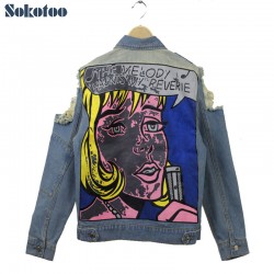 Sokotoo Women's vintage holes ripped beauty print pattern denim jacket Casual loose full sleeve coat