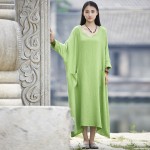 Solid Cotton Long sleeve Women Long Dress Plus size Oversized Casual Zen Robe Femme Dress Original Loose Maxi Autumn Dress B005