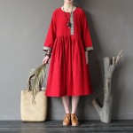 Solid Green Red Pink Cotton Corduroy Women Knee length Dress Autumn New Vintage Embroidery Brand Dress Vestidos Femme A128