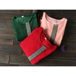 Solid Green Red Pink Cotton Corduroy Women Knee length Dress Autumn New Vintage Embroidery Brand Dress Vestidos Femme A128