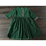 Solid Green Red Pink Cotton Corduroy Women Knee length Dress Autumn New Vintage Embroidery Brand Dress Vestidos Femme A128