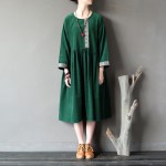 Solid Green Red Pink Cotton Corduroy Women Knee length Dress Autumn New Vintage Embroidery Brand Dress Vestidos Femme A128