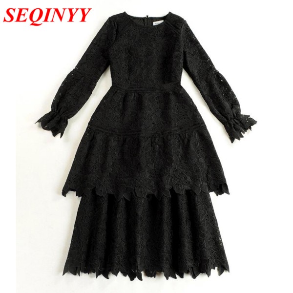 Solid Hollow Out Dress 2017 Spring Summer Fashion Vintage Soluble Gouge Petal Sleeves Black White Empire Women Layed Cake Dress