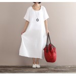 Solid colors cotton linen long dress 2016 Summer women loose waist casual gown Short sleeve large size clothes