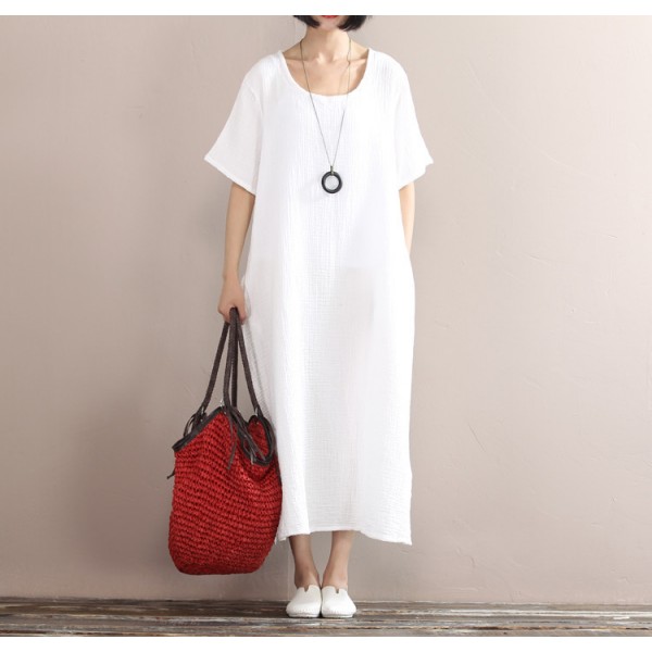 Solid colors cotton linen long dress 2016 Summer women loose waist casual gown Short sleeve large size clothes