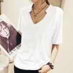 Solid t shirt Summer Women Top Short Sleeve V Neck  tshirt Casual Loose Style Plus Size Black/White/Gray Tops Tee Shirt Femme A6