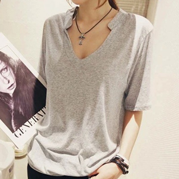 Solid t shirt Summer Women Top Short Sleeve V Neck  tshirt Casual Loose Style Plus Size Black/White/Gray Tops Tee Shirt Femme A6