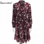 Soperwillton New Spring 2017 Women Dress Chiffon Dress Flowers Vintage Casual Plus Size Print Long Sleeve Knee Elegant Vestidos 