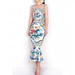 Spaghetti Strap Dress 2016 Luxury Blue and White Porcelain Print Casual Trumpet Sheath Mid-Calf Square Collar New Arrival Dress