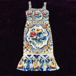 Spaghetti Strap Dress 2016 Luxury Blue and White Porcelain Print Casual Trumpet Sheath Mid-Calf Square Collar New Arrival Dress