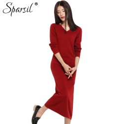 Sparsil Women Autumn&Spring Long Cashmere Blend Dress V-neck Ladies Club&Party Dresses Elegant Female Evening Vintage Vestido