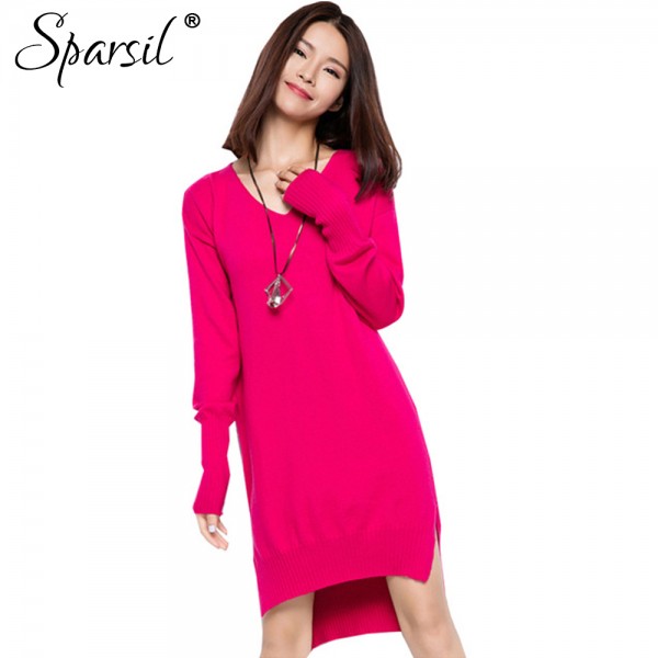 Sparsil Women's Winter Long Sleeve Cashmere Blend Mini Dress Autumn Female Irregular Hem Style Knitted Christmas Dresses