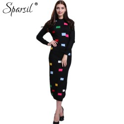 Sparsil Women's Winter&Autumn O-Neck Cashmere Blend Long Dress Lady Geometric Printed Patchwork Mid-Calf Knitted Vintage Dresses