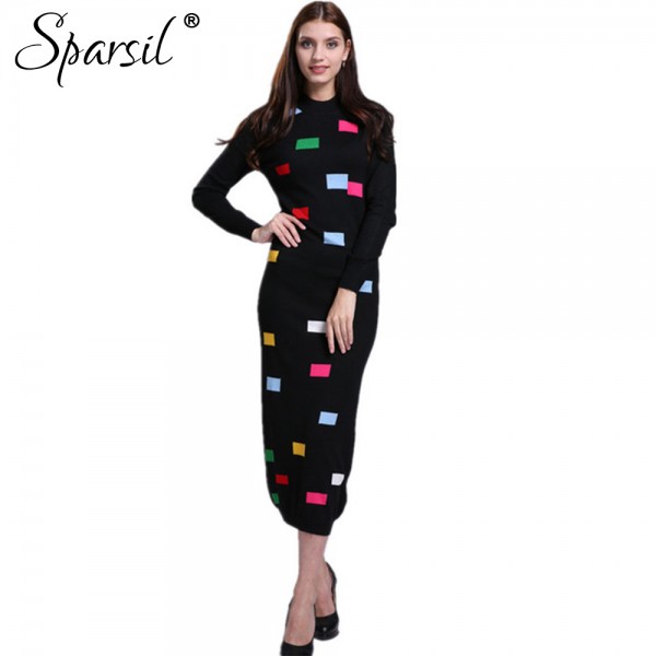 Sparsil Women's Winter&Autumn O-Neck Cashmere Blend Long Dress Lady Geometric Printed Patchwork Mid-Calf Knitted Vintage Dresses