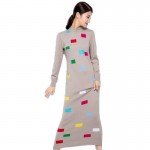 Sparsil Women's Winter&Autumn O-Neck Cashmere Blend Long Dress Lady Geometric Printed Patchwork Mid-Calf Knitted Vintage Dresses