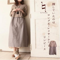 Spring  Japanese Harajuku Vintage Women Dress Solid Color Plaid Loose Casual Long Design Maxi Dress Straight Faldas Women