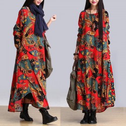 Spring Autumn Style cotton linen vintage print plus size women casual loose long dress party vertidos feminino 2016 dresses