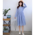 Spring Autumn Women Casual Maxi Long Dress Turn Down Collar Striped Cotton Linen Vintage Vestidos Full Sleeve Blue Femme Dresses