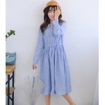 Spring Autumn Women Casual Maxi Long Dress Turn Down Collar Striped Cotton Linen Vintage Vestidos Full Sleeve Blue Femme Dresses